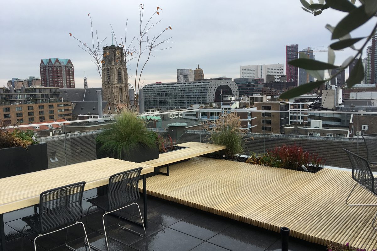 Dakterras met houten vlonder, beplanting en uitzicht over de stad