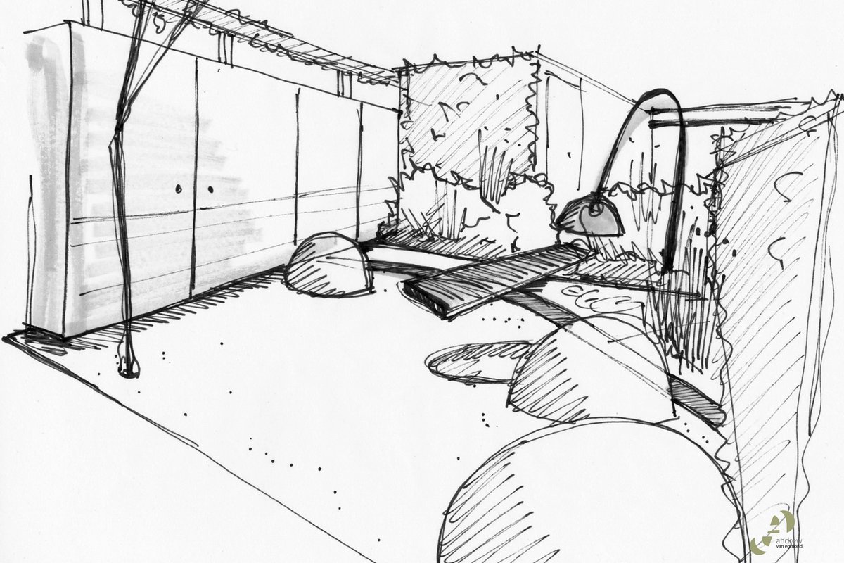Handgetekende perspectiefschets uit een schetsontwerp voor een tuin