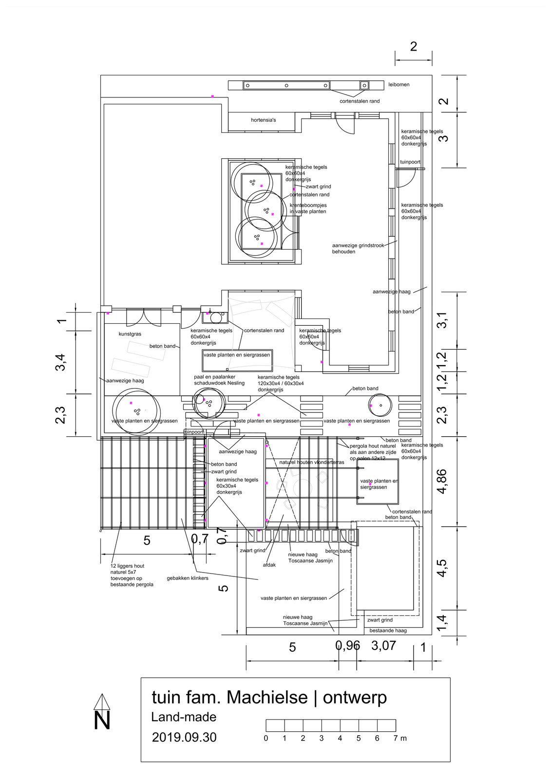 Werktekening op schaal van een tuinontwerp